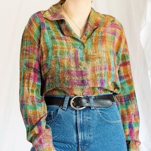Vintage 100% Silk Colorful Button Up